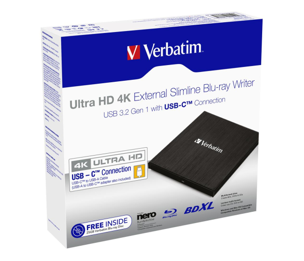 VERBATIM Nagrywarka BLU-RAY USB-C 3.1 zewnętrzna x6 Ultra HD 4K 43888 - 631472 - zdjęcie 3